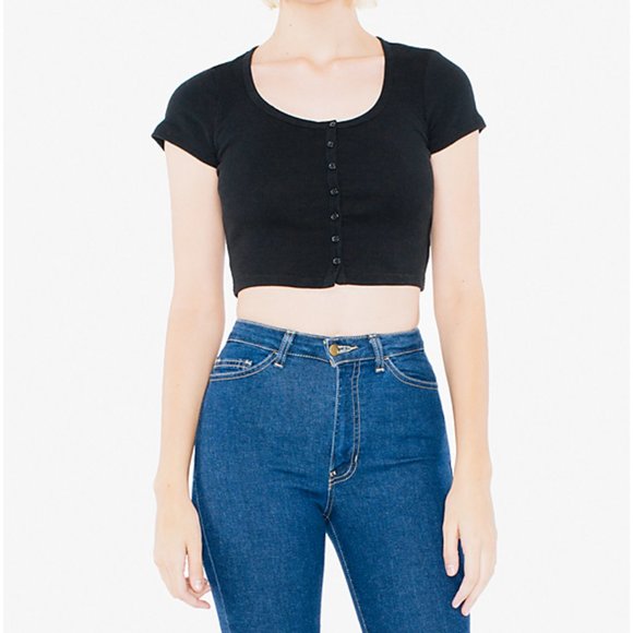 SOLD - American Apparel 2x1 Black Ribbed Button Crop Top - Picture 2 of 10